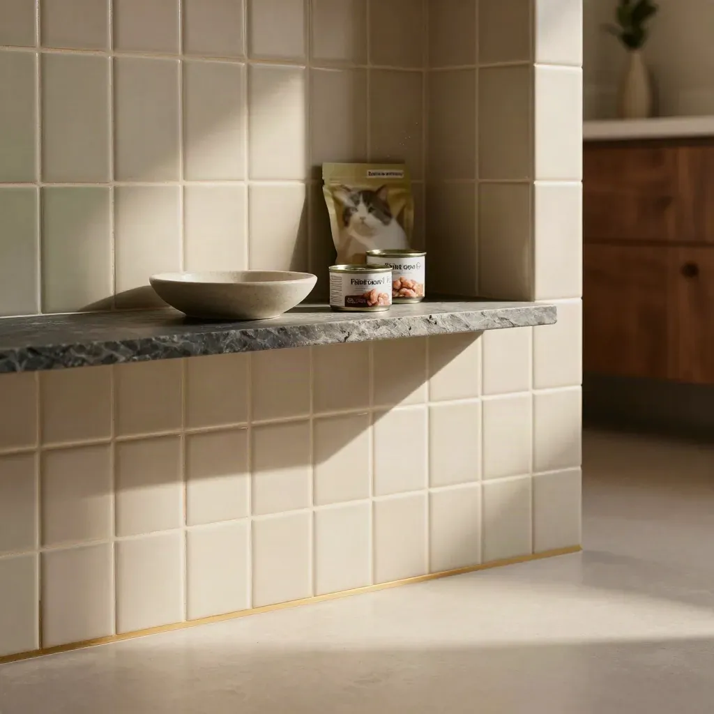 Sunlit tiled pantry nook with blurred wet food cans and a shallow dish, copy space below.