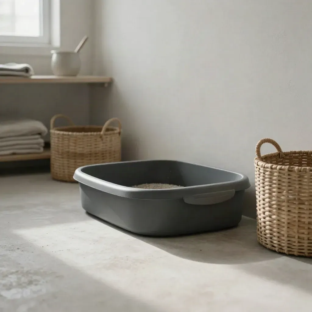 Pale utility room with charcoal litter tray, woven baskets, and blurred shelves above.
