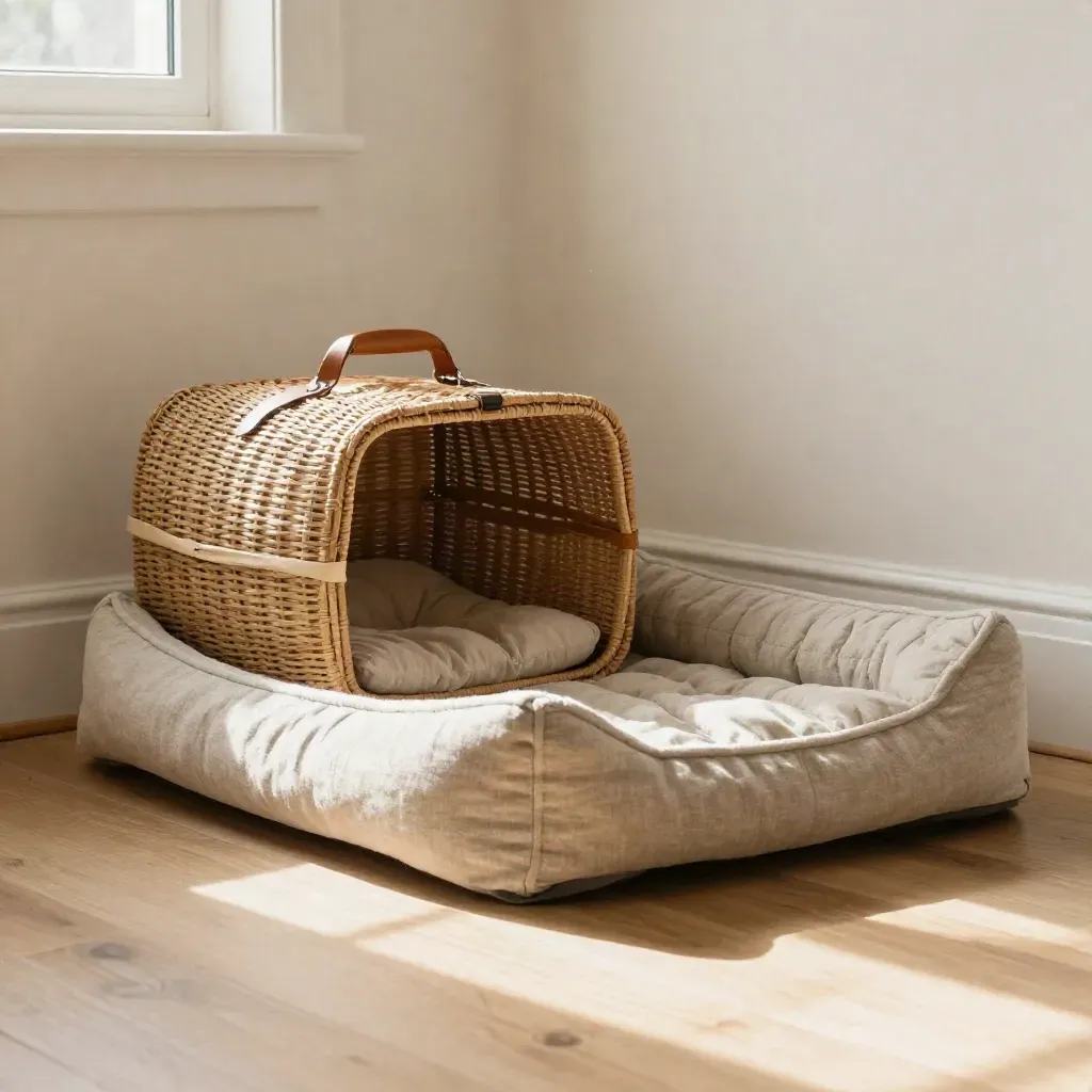 Sunlit bedroom corner with woven cat carrier and folded linen bed on pale wood floor.