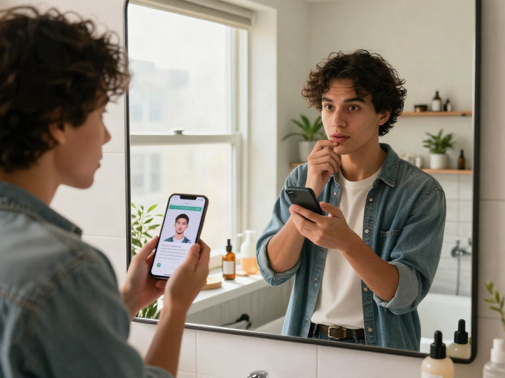 Check how old do I look with a facial age estimation app in a modern bathroom.