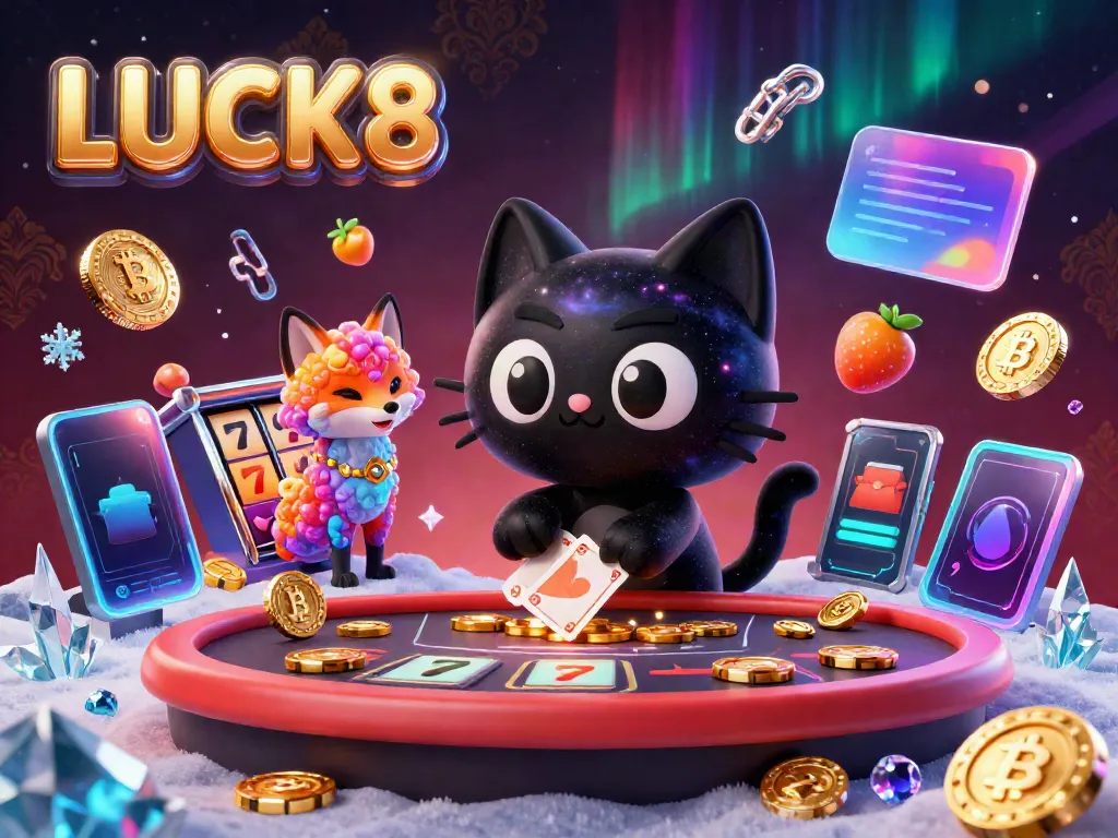 Engage with LUCK8 at a vibrant cosmic casino, featuring a cartoon cat and fox amidst slot reels and crypto elements.