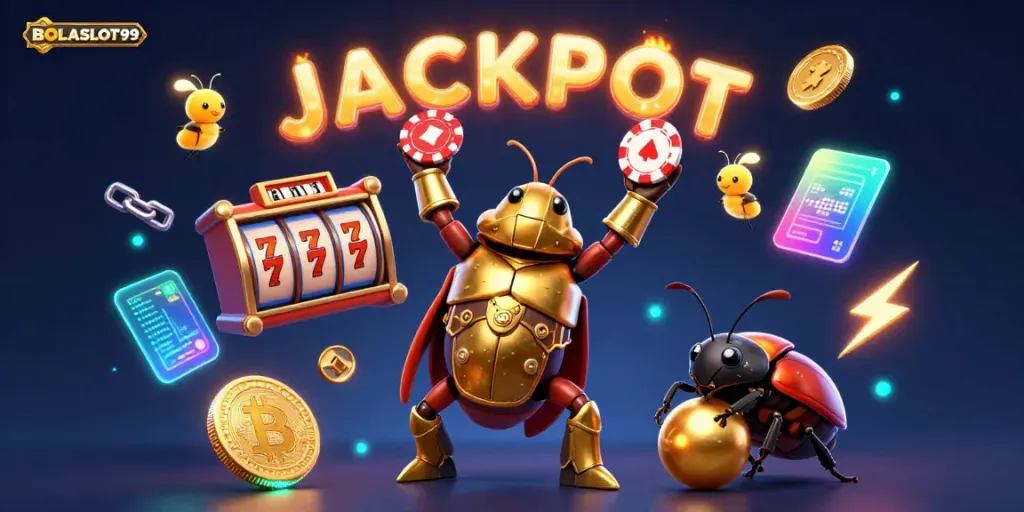 Engage with BOLASLOT99 featuring a heroic beetle in armor celebrating a jackpot win with colorful slot game elements.