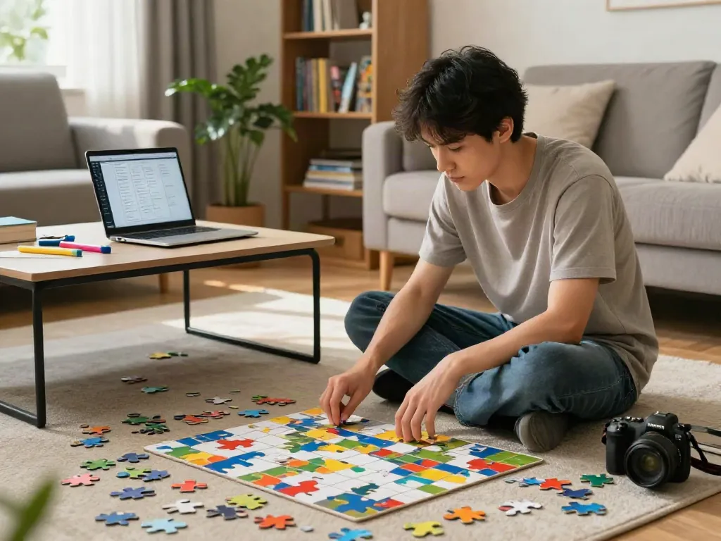 Engaged user solving a grid puzzle on puzzlegrid.net in a cozy modern living room.