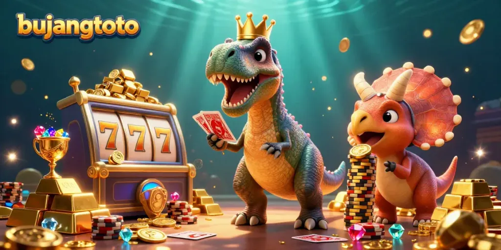 Bujangtoto animated scene with T-Rex card shuffling, pterodactyl helping, and triceratops stacking chips.