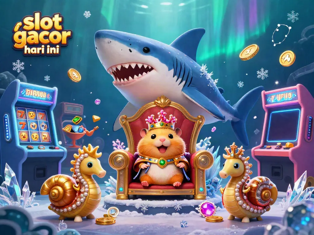 Experience the excitement of slot gacor hari ini with a golden hamster king ruling from his megalodon throne