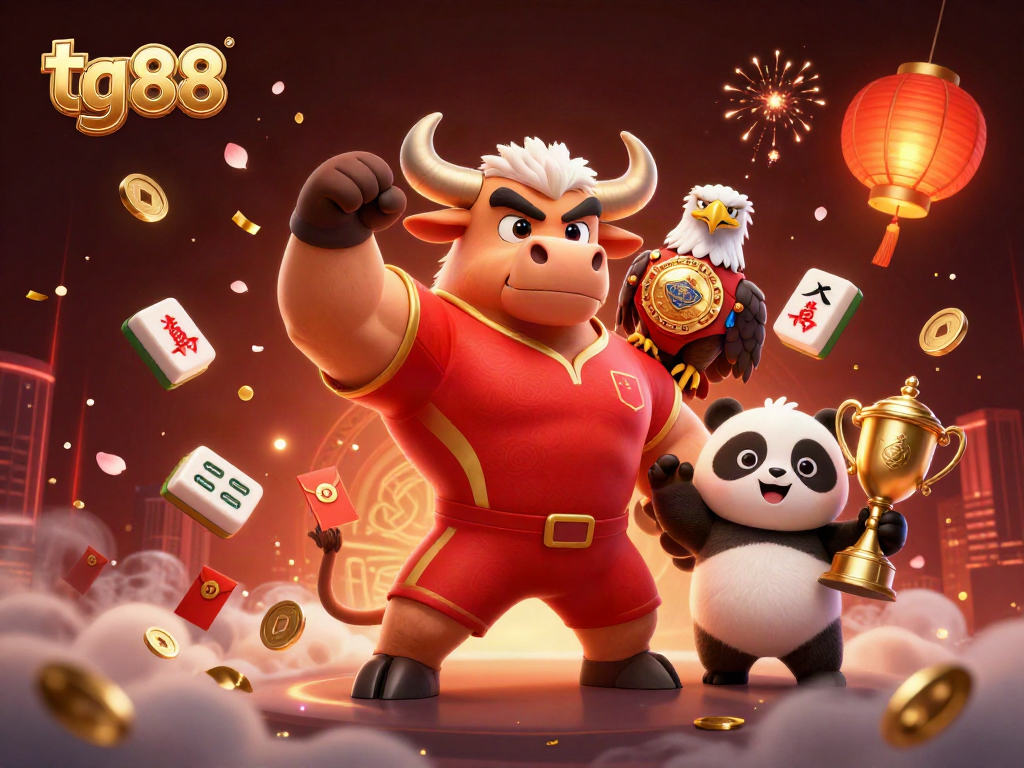 Experience the thrill of tg 88 with a victorious bull mascot, a champion eagle, and a joyful panda celebrating winnings.