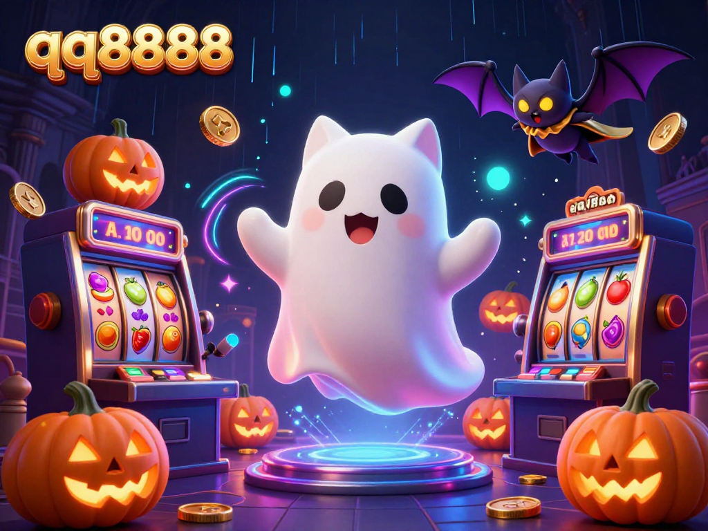 Experience gaming thrills with qq8888 as the ghost cat and bat explore a vibrant casino scene.