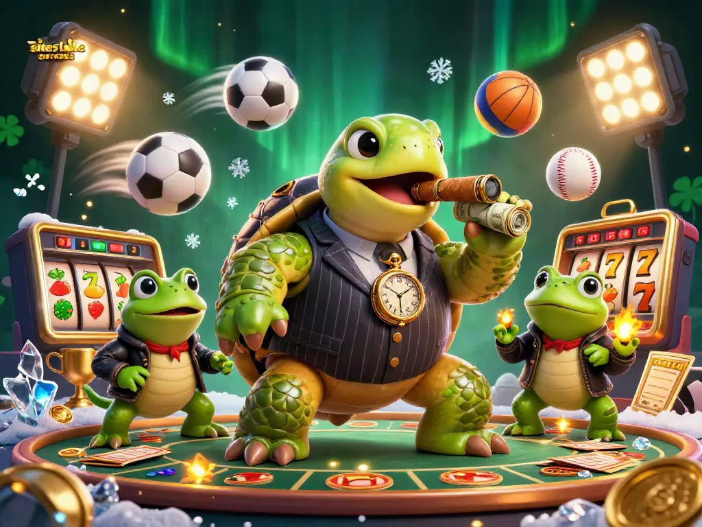 Engage with top sites like Crown Coins casino, featuring a dynamic 3D illustration of a turtle mobster and frog enforcers.