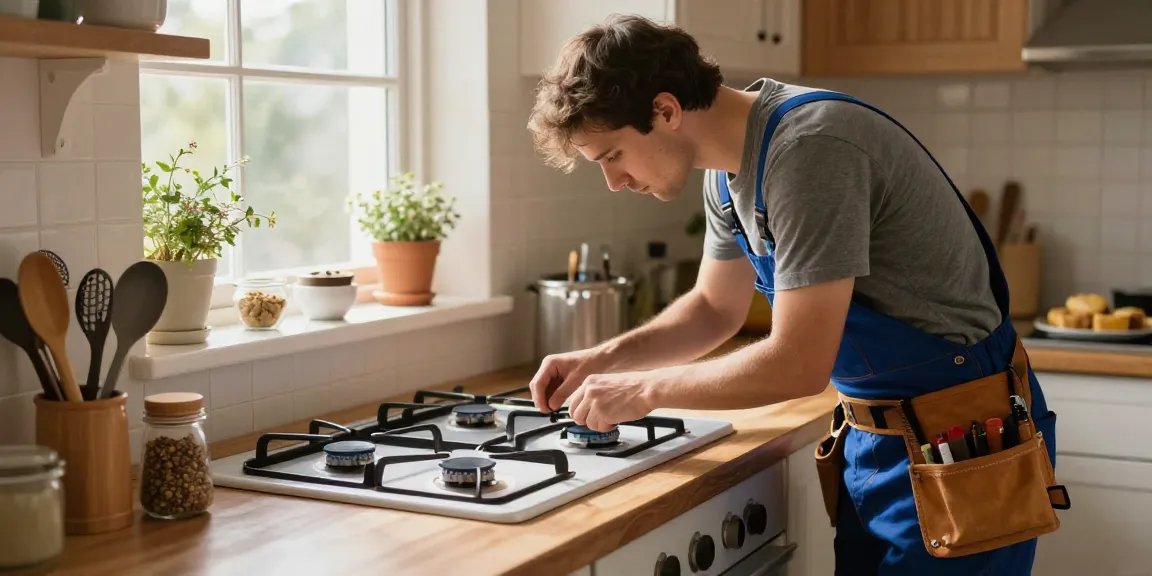 Gas stove repair technician adjusting burners in a cozy kitchen.