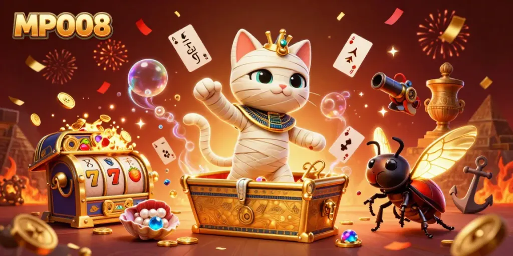 MPO08 gaming scene with an Egyptian mummy cat, golden sarcophagus, and slot machine elements exploding with coins