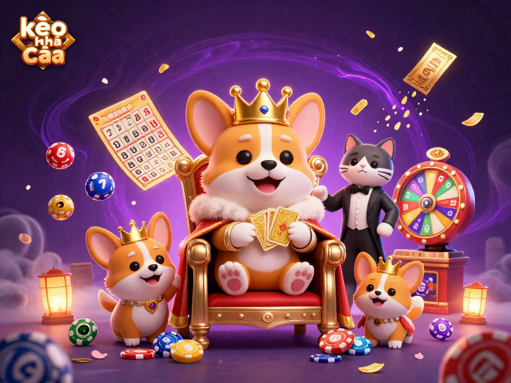 Engaging scene with kèo nhà cái featuring a royal corgi on a throne surrounded by colorful lottery elements.