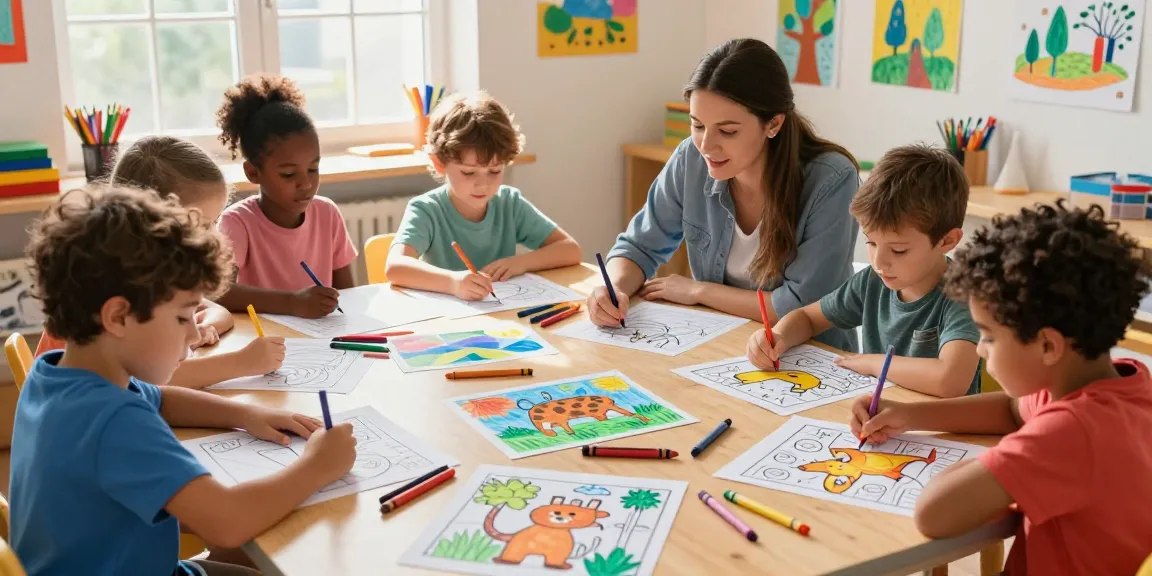 Children happily coloring with sheets from freecoloringsheets.net in a vibrant, creative classroom.