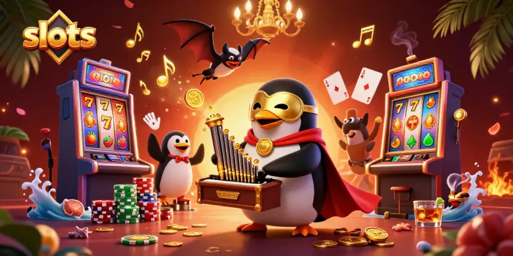 Experience the excitement of slots with a cartoon penguin organist and vibrant casino elements.