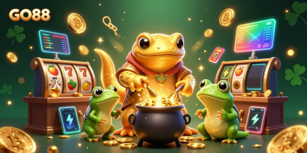 Engage with GO88's thrilling slots experience featuring magical alchemy, golden coins, and vibrant casino elements.
