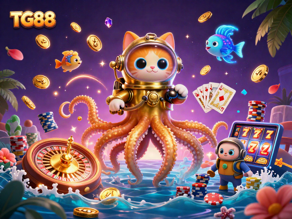 Engage with the exciting world of TG88, featuring a kraken, diving cat, and mesmerizing casino elements.