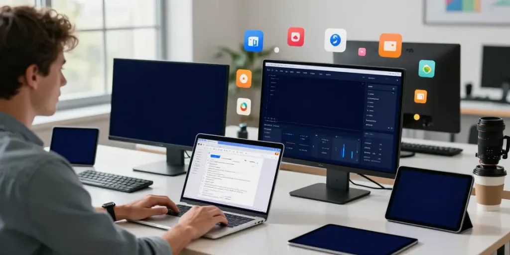 Showcasing app development workspace with 2113 Apps metrics and tech gadgets.