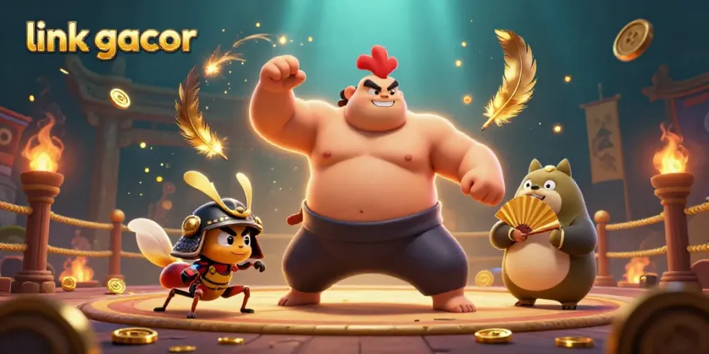 Engage with link gacor in this dramatic 3D scene of a powerful sumo wrestler rooster and fierce samurai cricket.