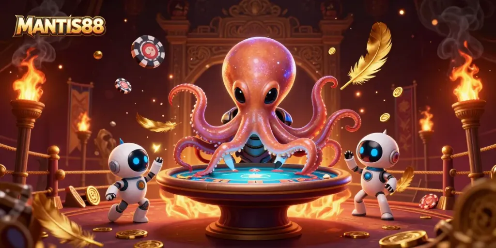 MANTIS88 showcases a vibrant, interactive alien casino scene with an octopus dealer and poker action.