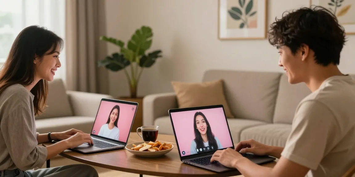 Engaging pink video chat between two people in cozy home setting.