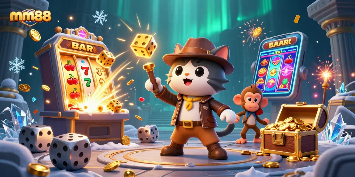 An adventurous illustration of mm88's explorer cat discovering a casino artifact surrounded by vibrant gambling elements.