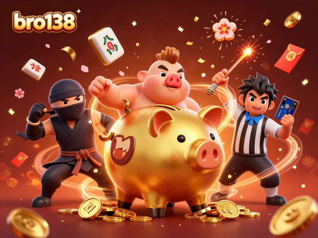 Experience the excitement of bro138 with a golden piggy bank sumo wrestler, vibrant casino elements, and fireworks for a thrilling illustration.