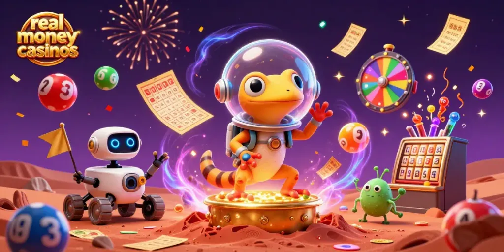 Engage with real money casinos depicted in a vibrant 3D scene featuring a Martian gecko and casino elements.
