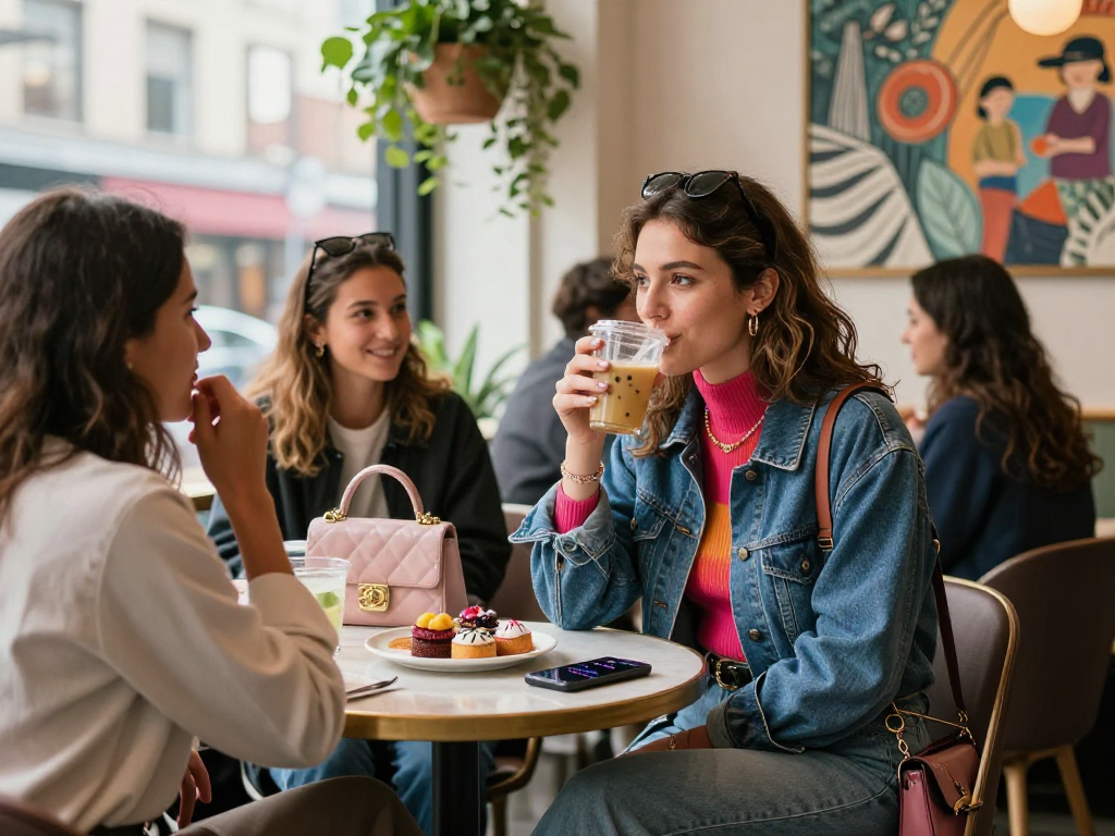 Gái gọi trong quán café hiện đại với bạn bè, tạo không gian sống động.