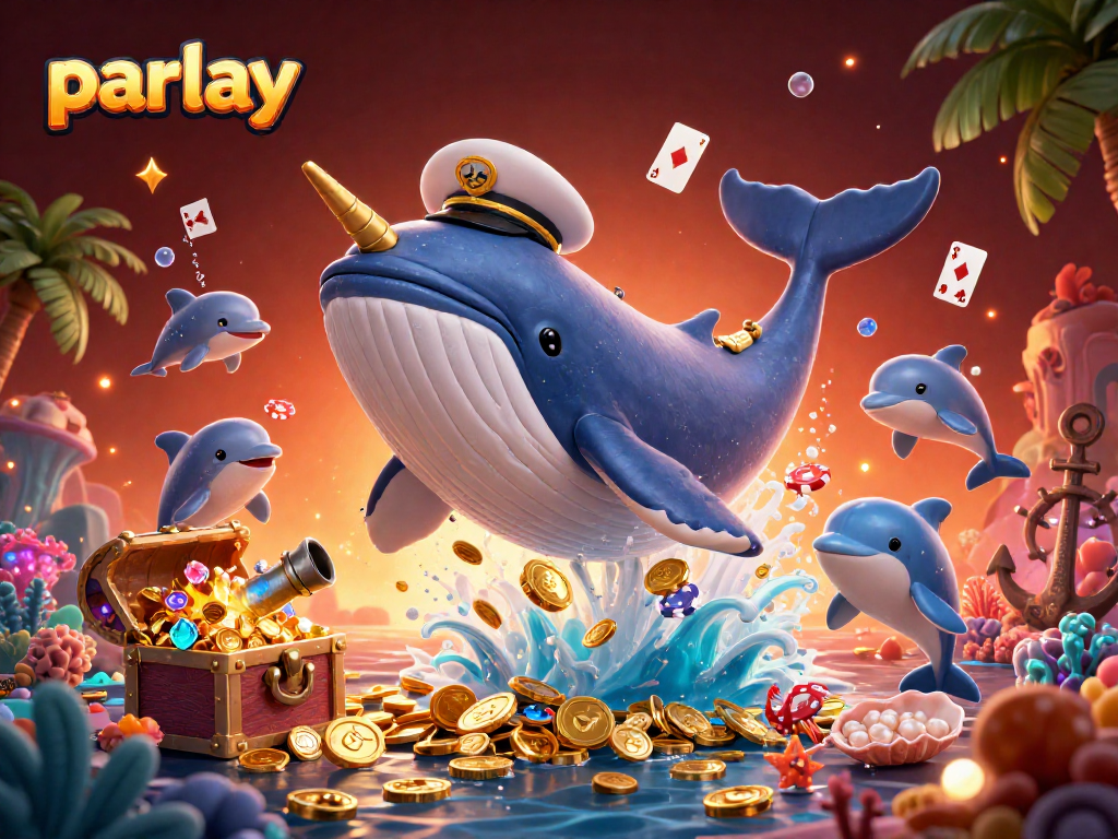 Experience exciting parlay betting with a playful scene of a whale and dolphins amidst coins and treasures.