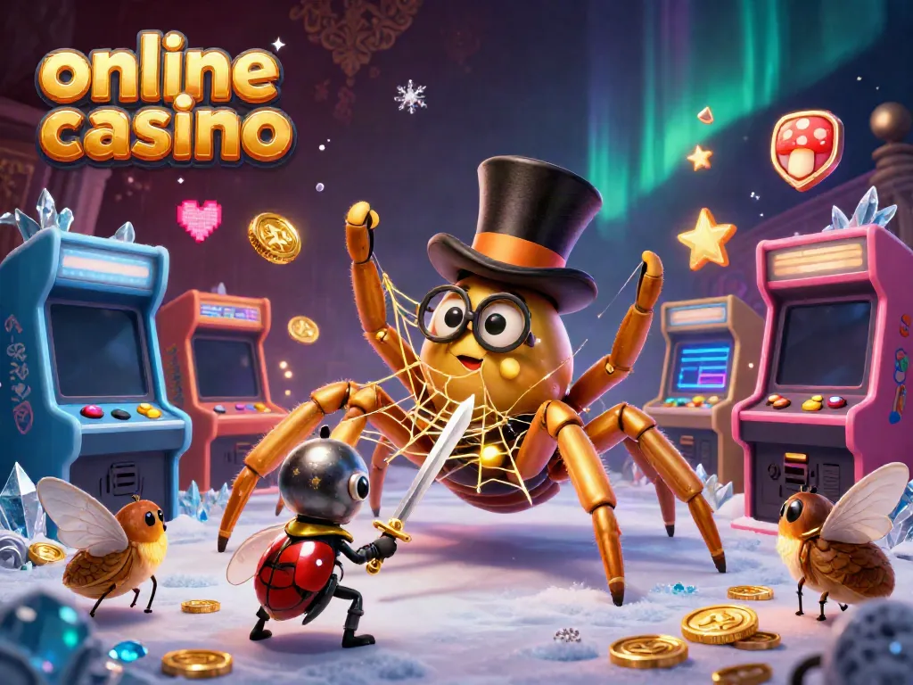 Engaging illustration of a golden tarantula and beetle knight immersed in a vibrant online casino scene.