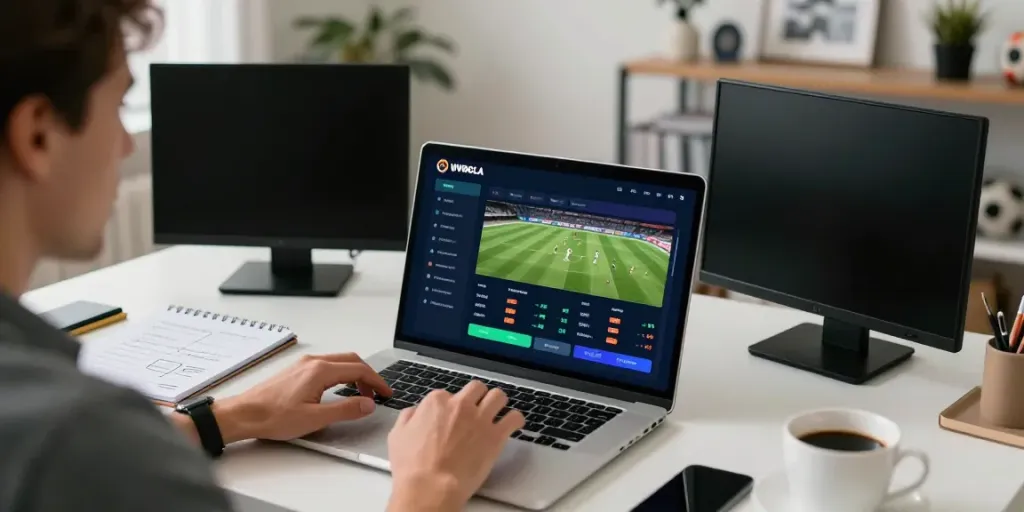 Engaging sports betting setup with WWBOLA displayed on laptop screen, capturing user excitement and focus.