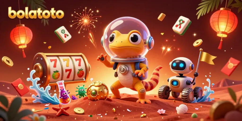 Engage with bolatoto in an exciting casino scene featuring a Martian gecko and dynamic elements.