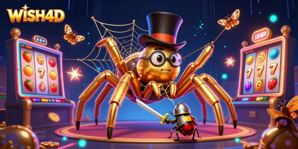 Experience thrilling gameplay in WISH4D with dynamic slot action featuring a golden tarantula and beetle knight.