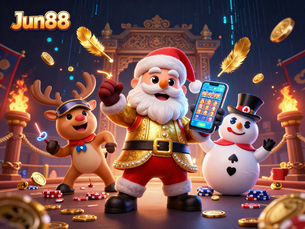 Engage with Jun88's vibrant casino experience featuring Santa and friends celebrating jackpots.