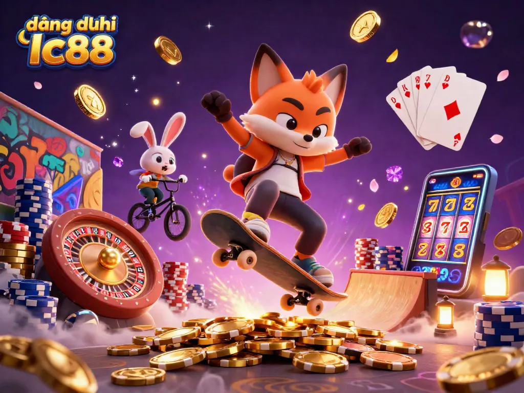 Join the excitement of đăng ký lc88 with a thrilling 3D casino illustration featuring a skateboarder fox and BMX rabbit.