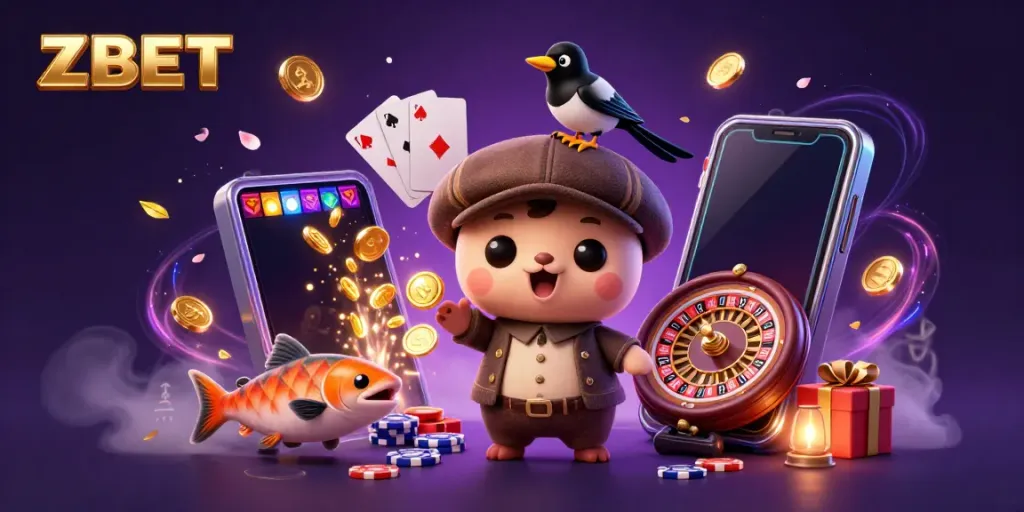ZBET showcases a vibrant 3D illustration featuring baby Nessie, a playful magpie, and tartan salmon surrounded by colorful slot games.