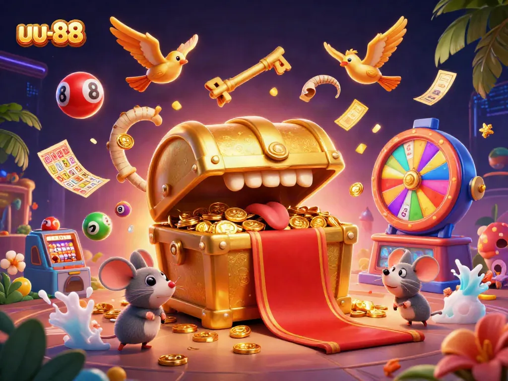 Exciting uu-88 casino scene showcasing a golden treasure chest and lottery balls with dynamic energy.