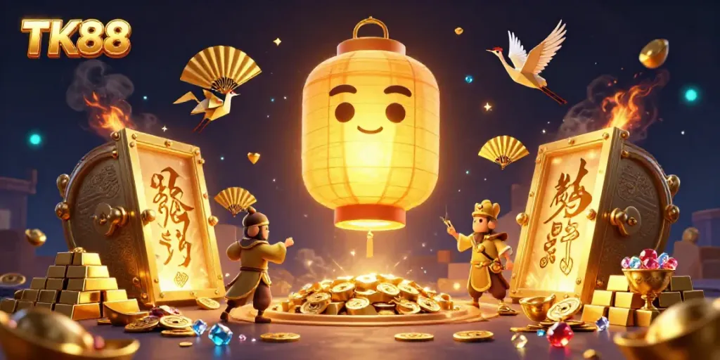 TK88 casino night scene featuring a glowing lantern spirit and golden treasures.