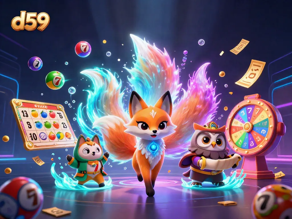 Experience exhilarating gaming with d59, a vibrant 3D illustration of a fox spirit and owl, surrounded by slot reels and lottery balls.
