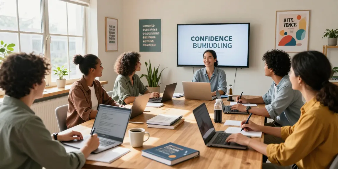 Adults participating in online confidence classes for adults in a bright home learning environment.