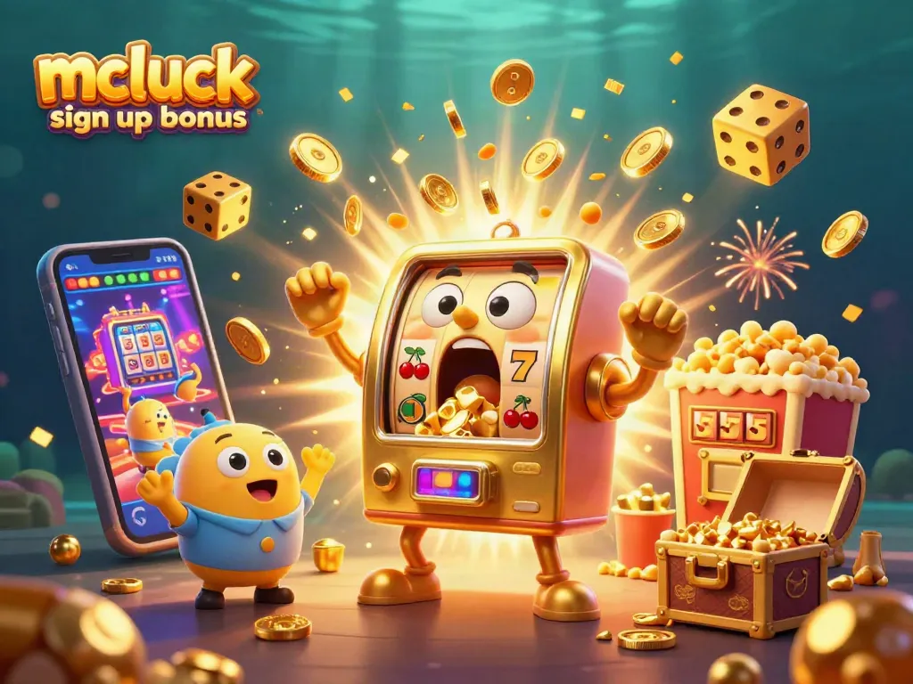 Play and win with the mcluck sign up bonus, featuring a joyful slot machine and gold coins.