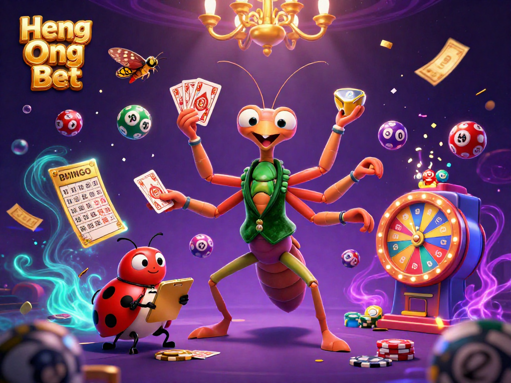 Unveil Heng Ong Bet with a vibrant 3D scene showcasing colorful lottery balls and a whimsical casino atmosphere.