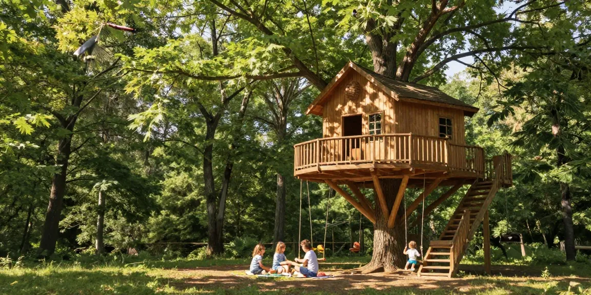 Family enjoying a picnic at a wooden treehouse in a lush forest.