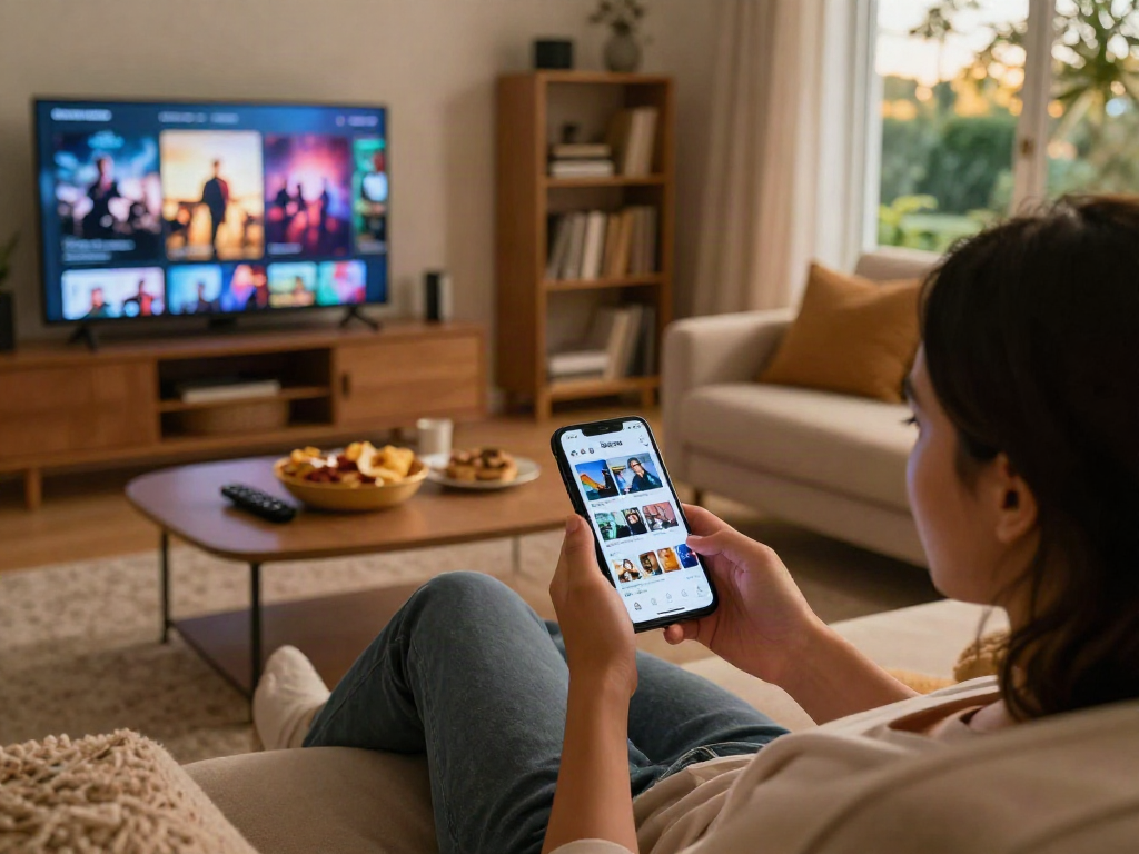 Enjoying the Pikashow app at home, featuring a relaxed atmosphere with snacks and entertainment options.