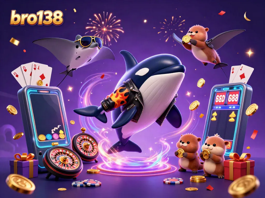 Experience fun with bro138, featuring a lively cartoon orca, stingray, and otters in a celebratory casino scene.