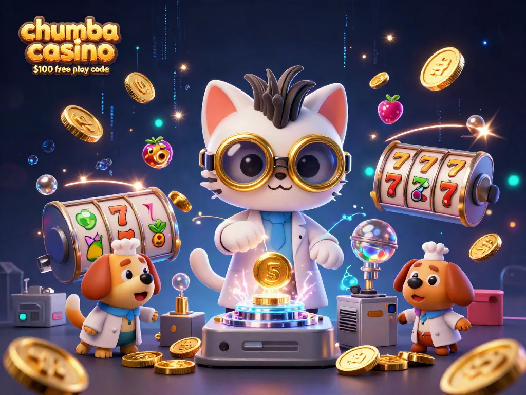 Engage with the thrilling chumba casino $100 free play code experience featuring dynamic slot machine elements and a cartoon scientist duo.