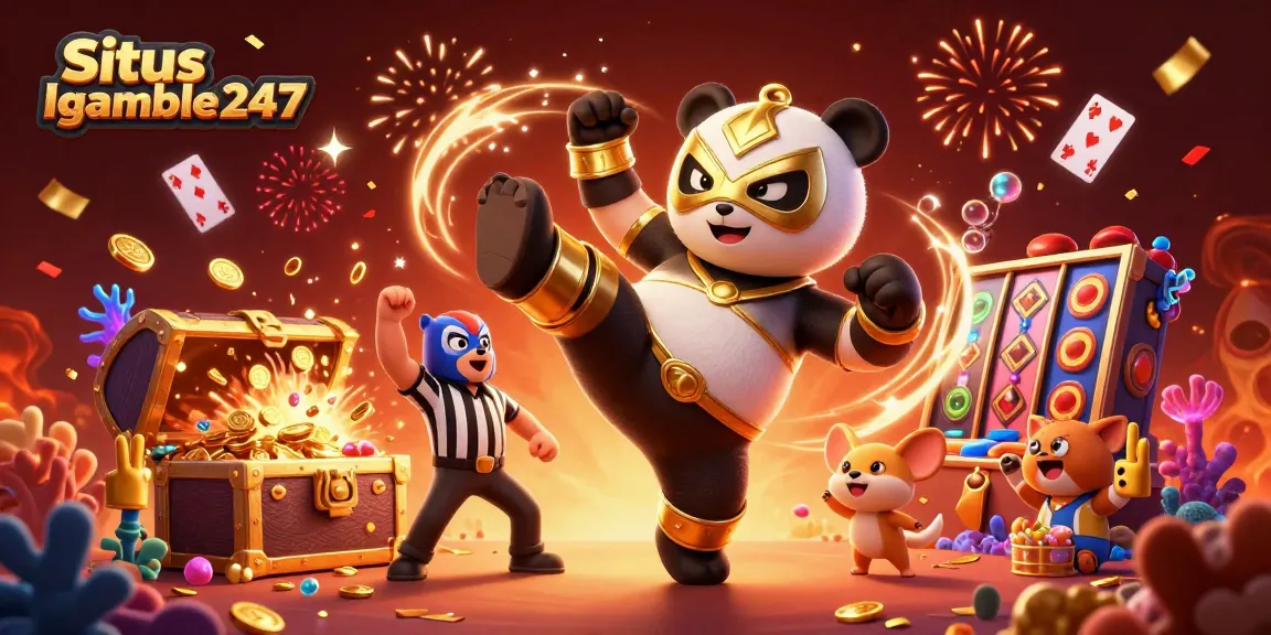 Situs Igamble247 showcases an exciting gaming scene with a wrestling panda and lively spectators.