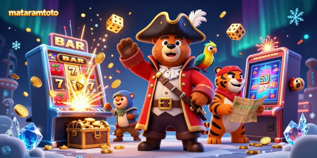 Engage with mataramtoto's exciting casino adventure featuring a pirate bear, tiger first mate, and a wealth of gaming symbols.