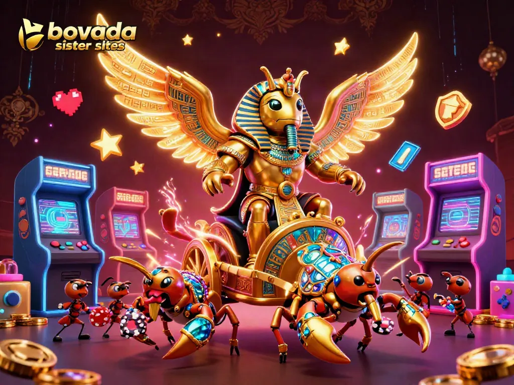 Explore bovada sister sites through an energetic scene with golden beetles and game elements.