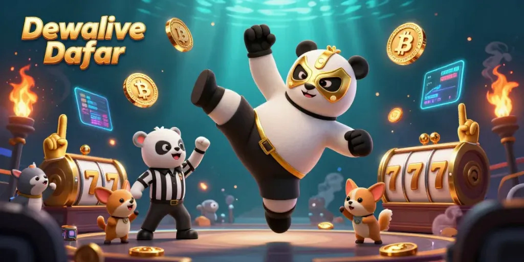 Dewalive Daftar showcases a wrestling panda and chihuahua referee in an electrifying casino atmosphere.