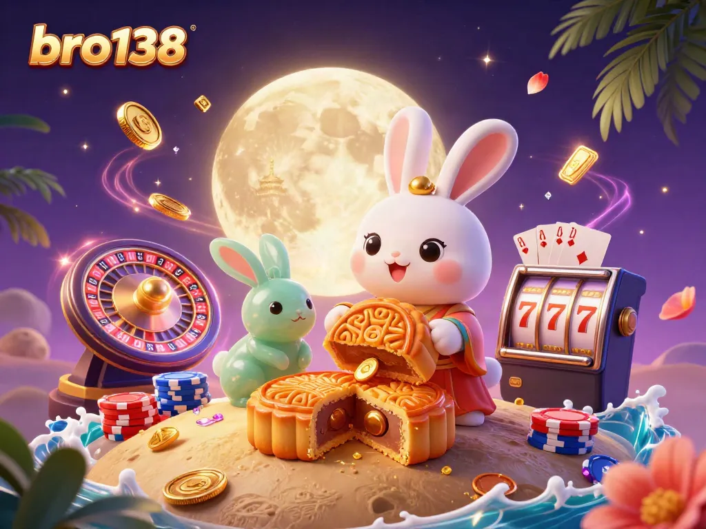 Join the excitement at bro138's online casino as the moon rabbit reveals hidden poker chips while surrounded by sparkling treasures and vibrant slot machines.